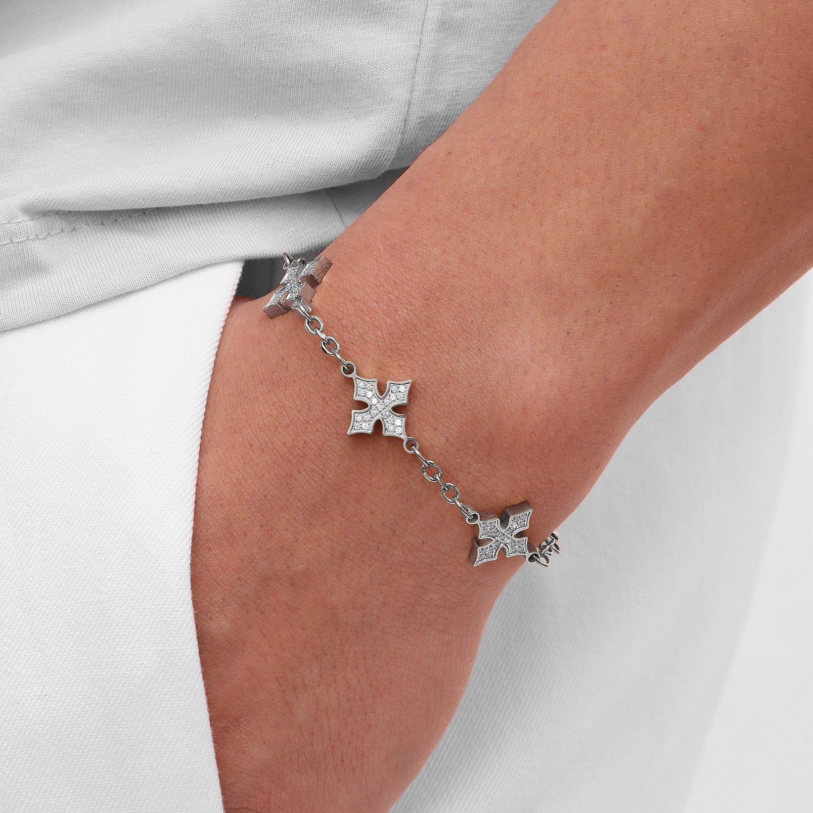 Platinum Plated Diamond Van Goth Bracelet with White Zircon worn on wrist premium men’s bracelet lifestyle view