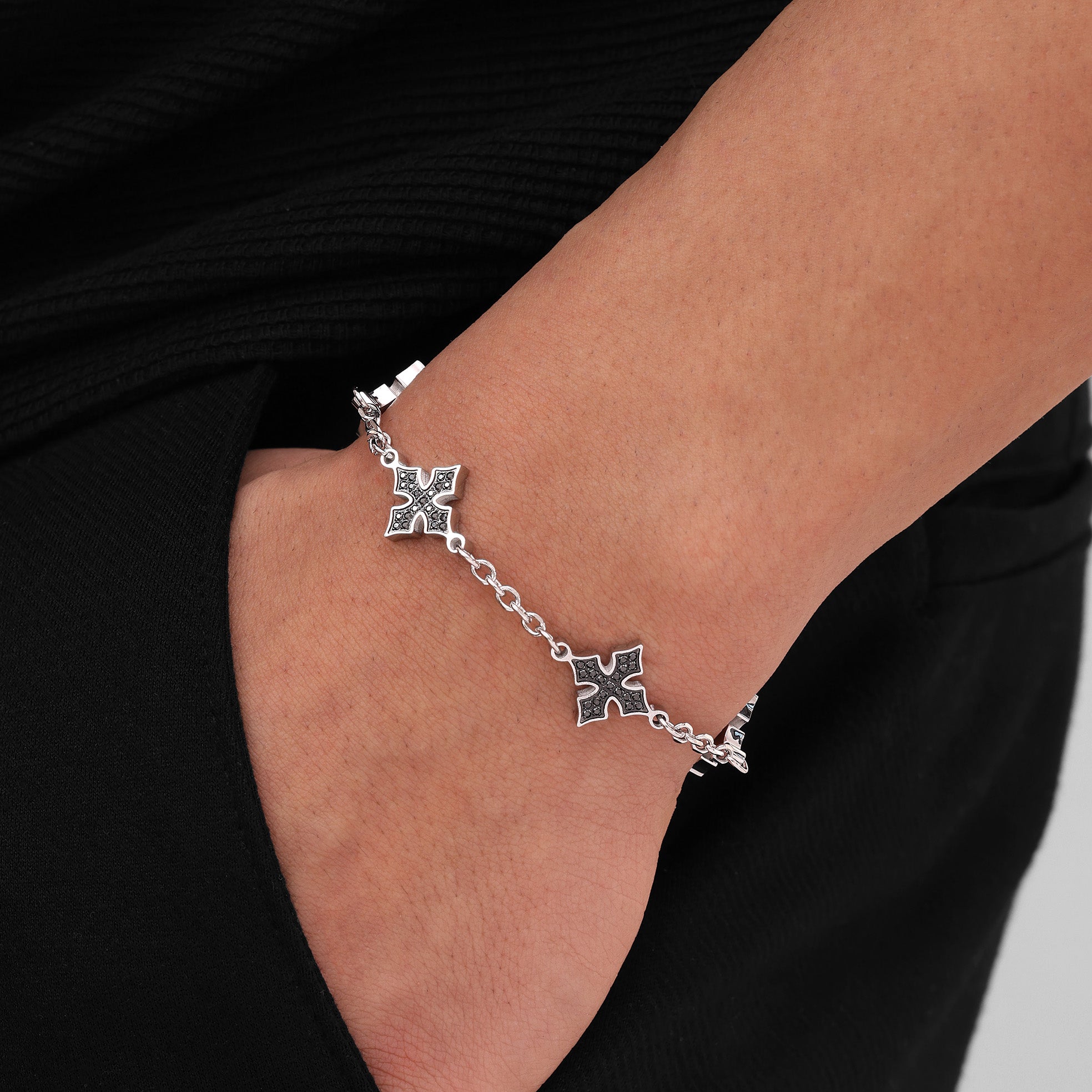 silver Plated Diamond Van Goth Bracelet with Black Zircon worn on wrist premium men’s bracelet lifestyle view