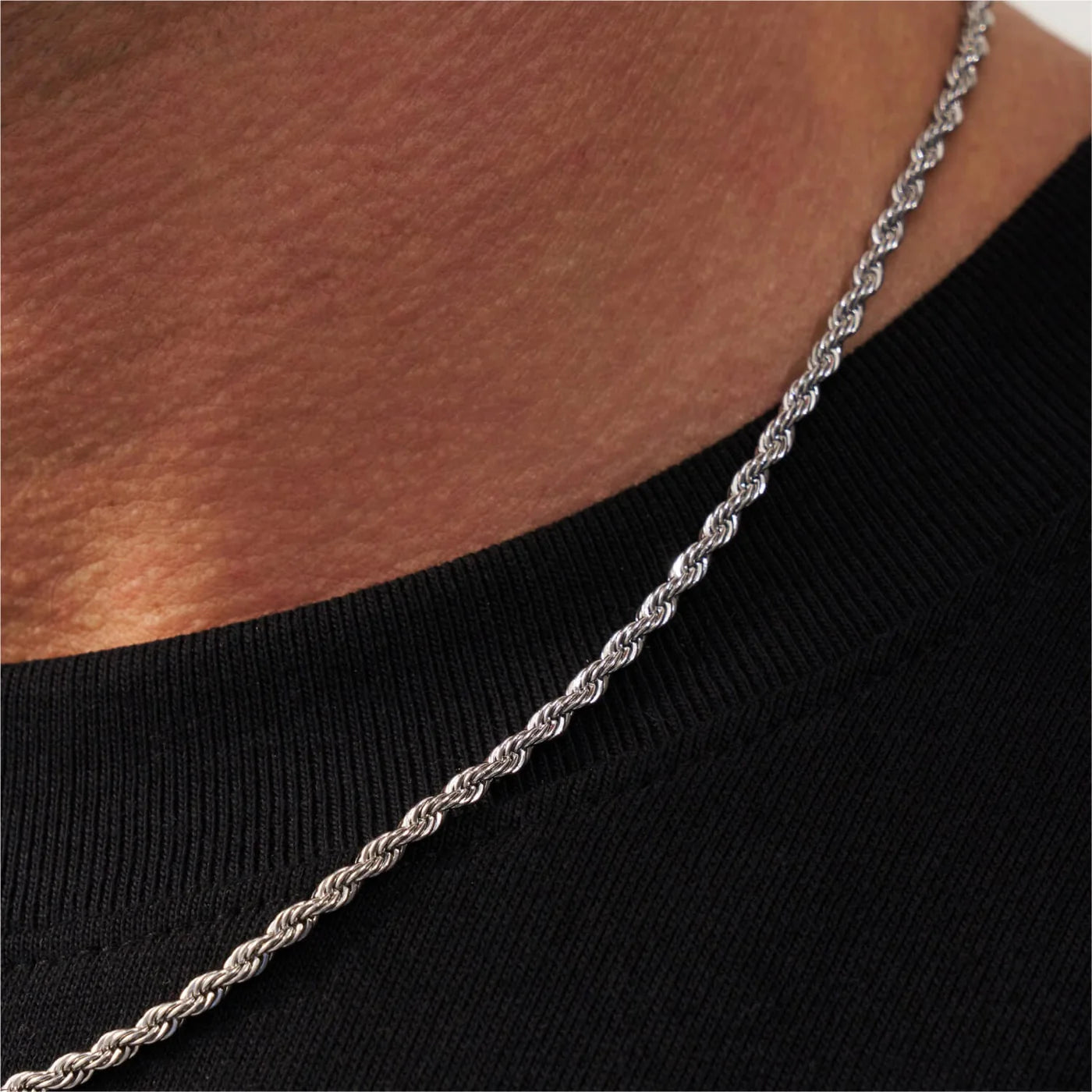 White Gold Plated Rope Chain 3mm worn on neck premium men’s chain lifestyle view