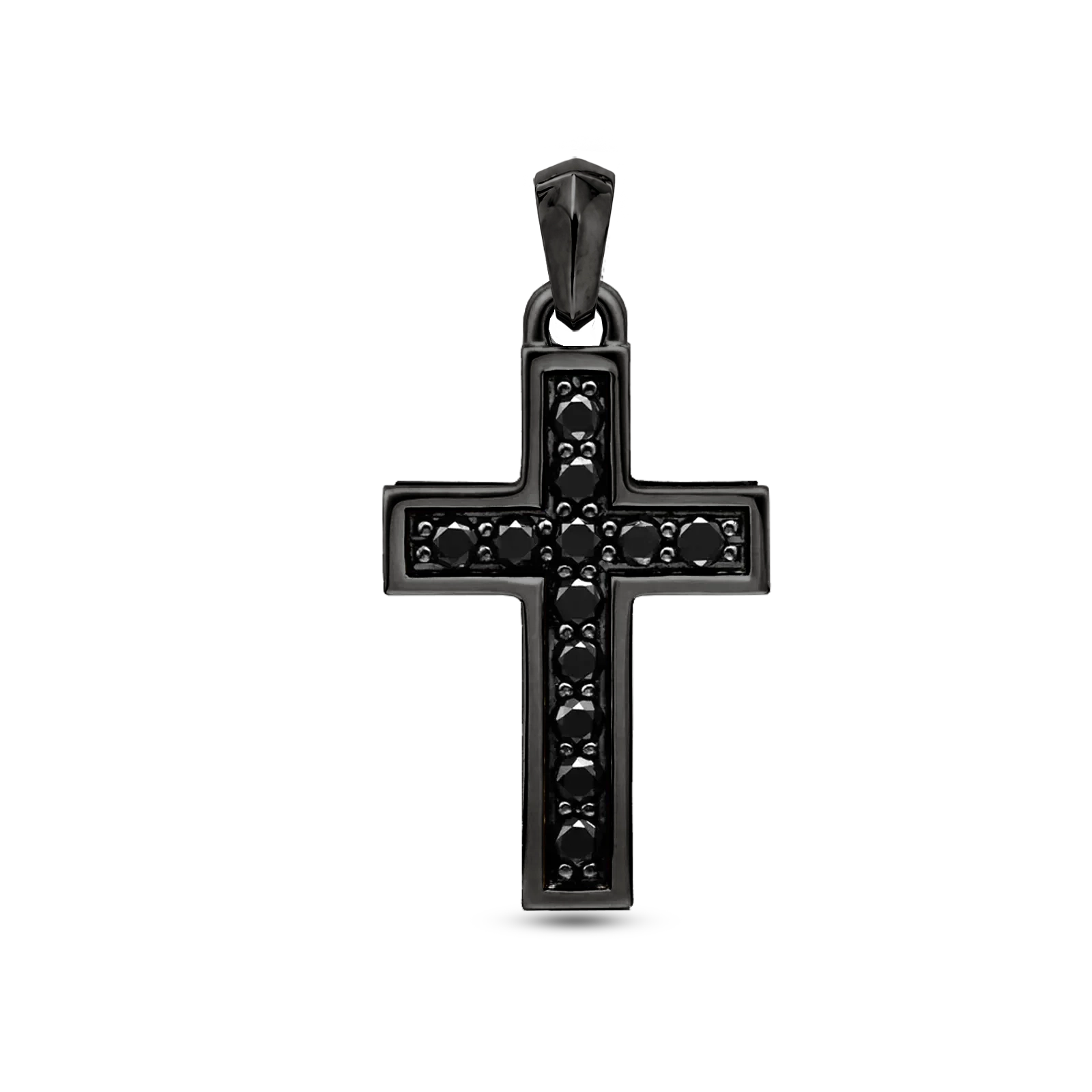 A black cross pendant featuring small round black stones set in a polished black metal frame, shown against a plain white background.