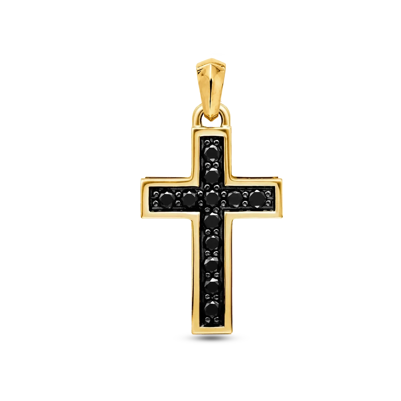 A gold cross pendant featuring a black inlay paved with small round black stones, shown against a plain white background.