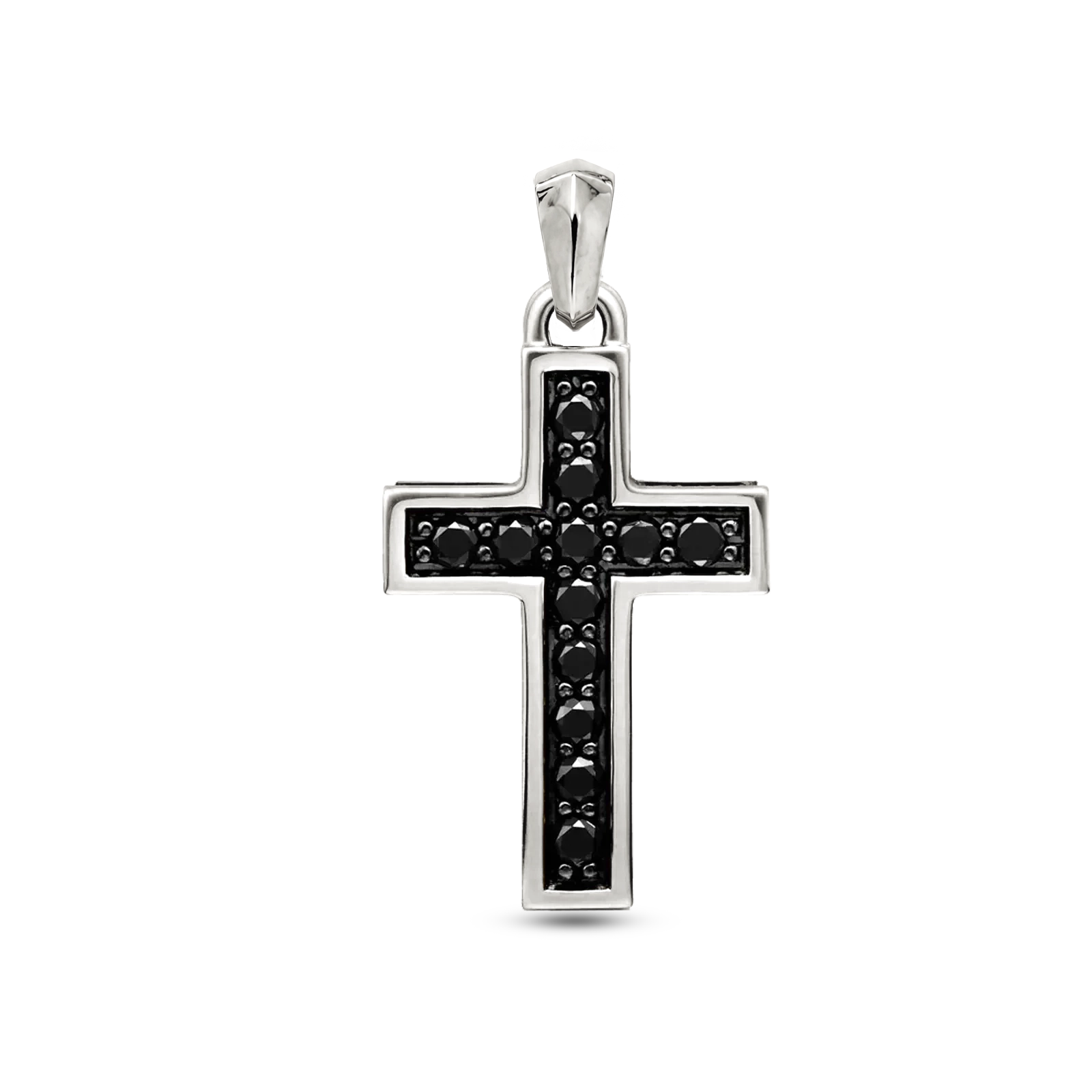A silver cross pendant featuring a black inlay of small round stones, shown against a plain white background.