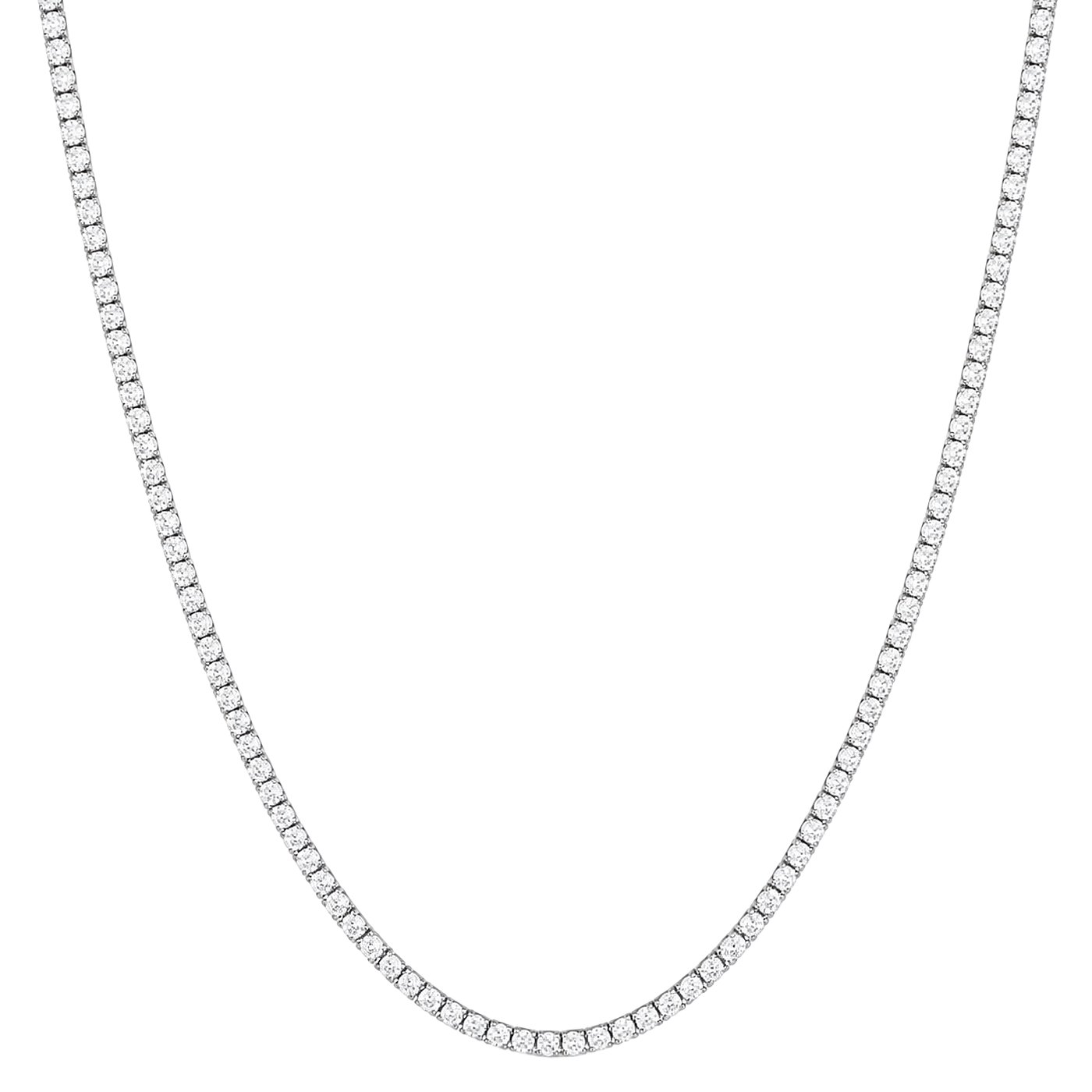 A silver tennis chain necklace with small clear stones set along the entire chain, shown against a plain white background.