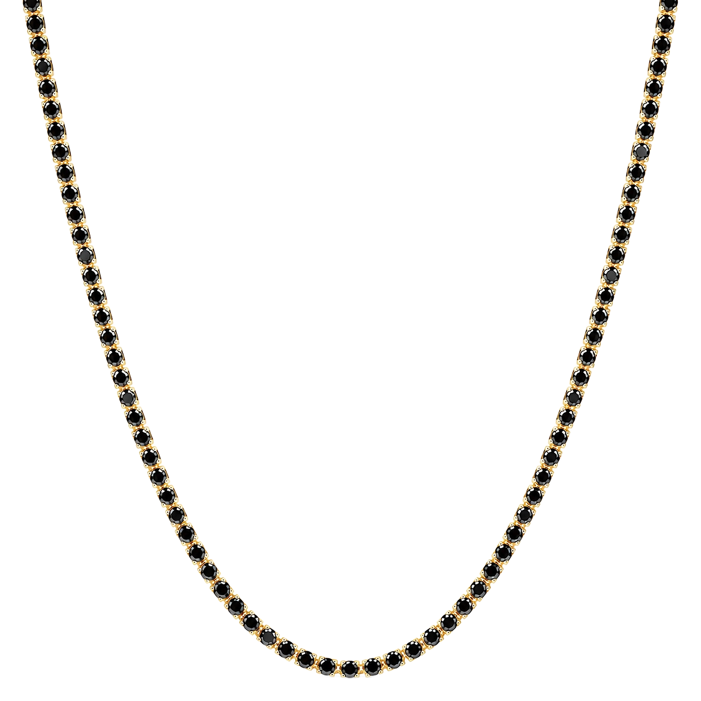A delicate gold tennis necklace featuring small, round black gemstones set along the chain, displayed against a solid white background.