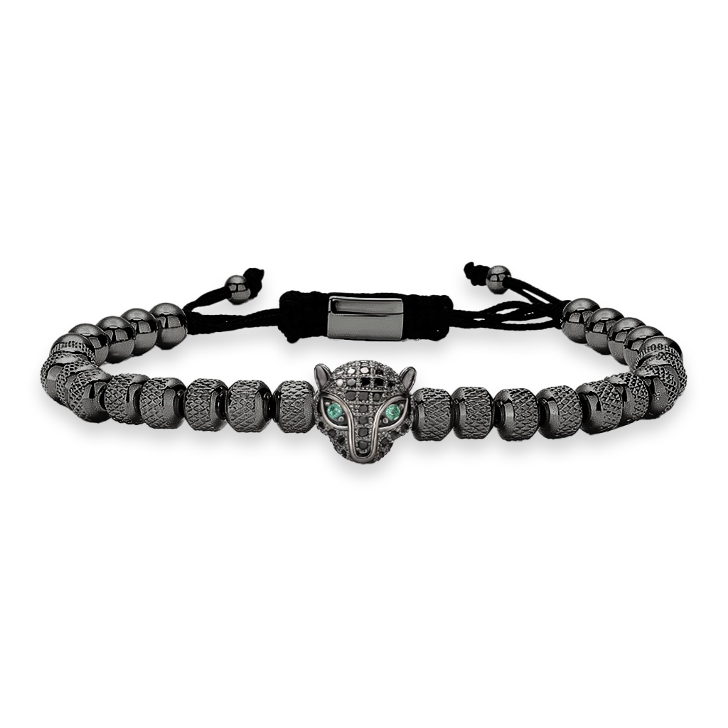 Bracelet with leopard head design and black beads 